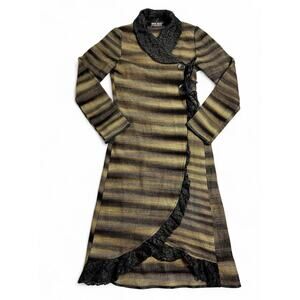 Vintage Striped Long Cardigan Lace Trim Ombré Waffle Knit XS Goth Grunge Indie